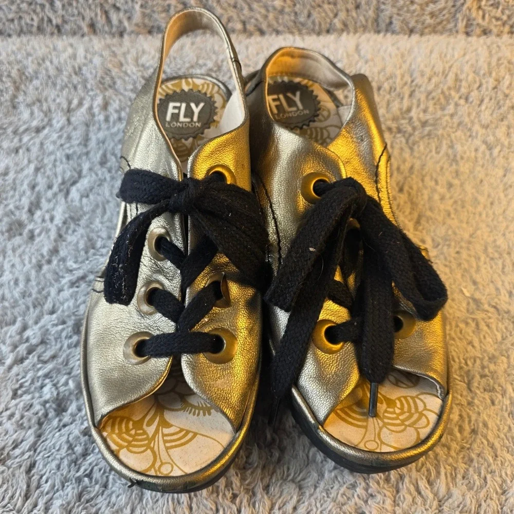 FLY London Gold Leather‎ Slingback Lace Up Wedge Sandals Women's EU 39 US 8